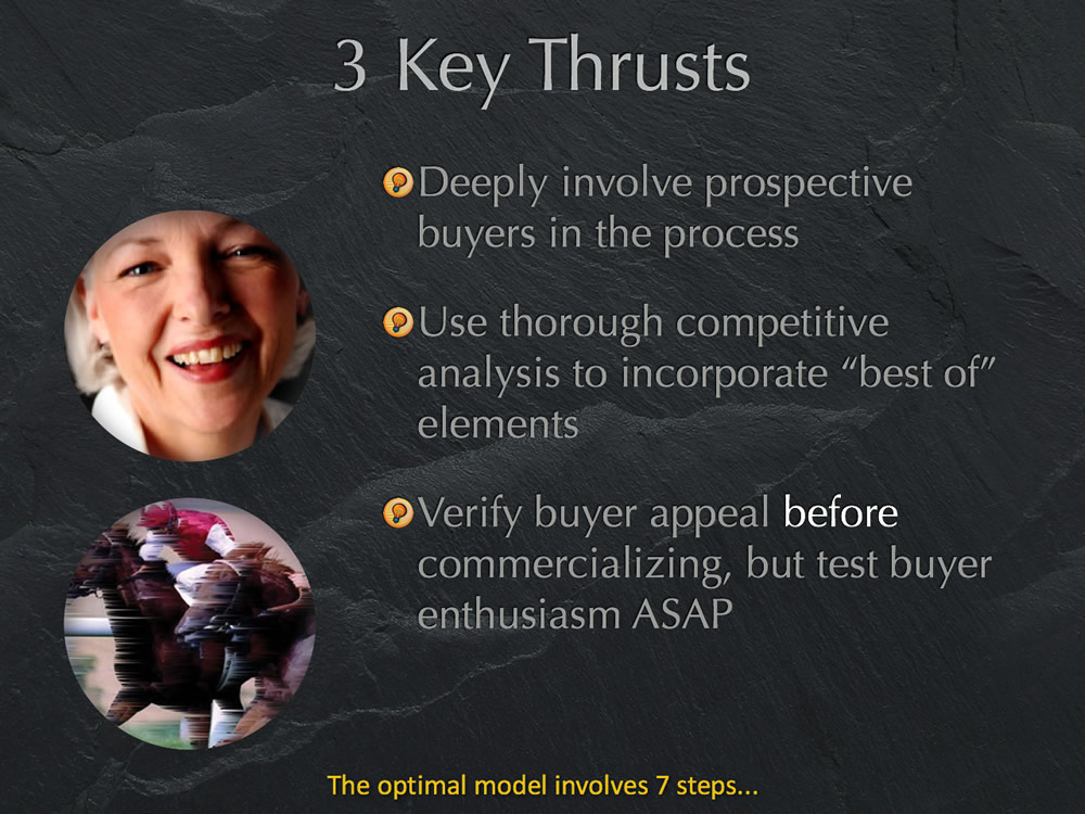 Three key product development thrusts: involve buyers, analyze competitors, verify result before scaling