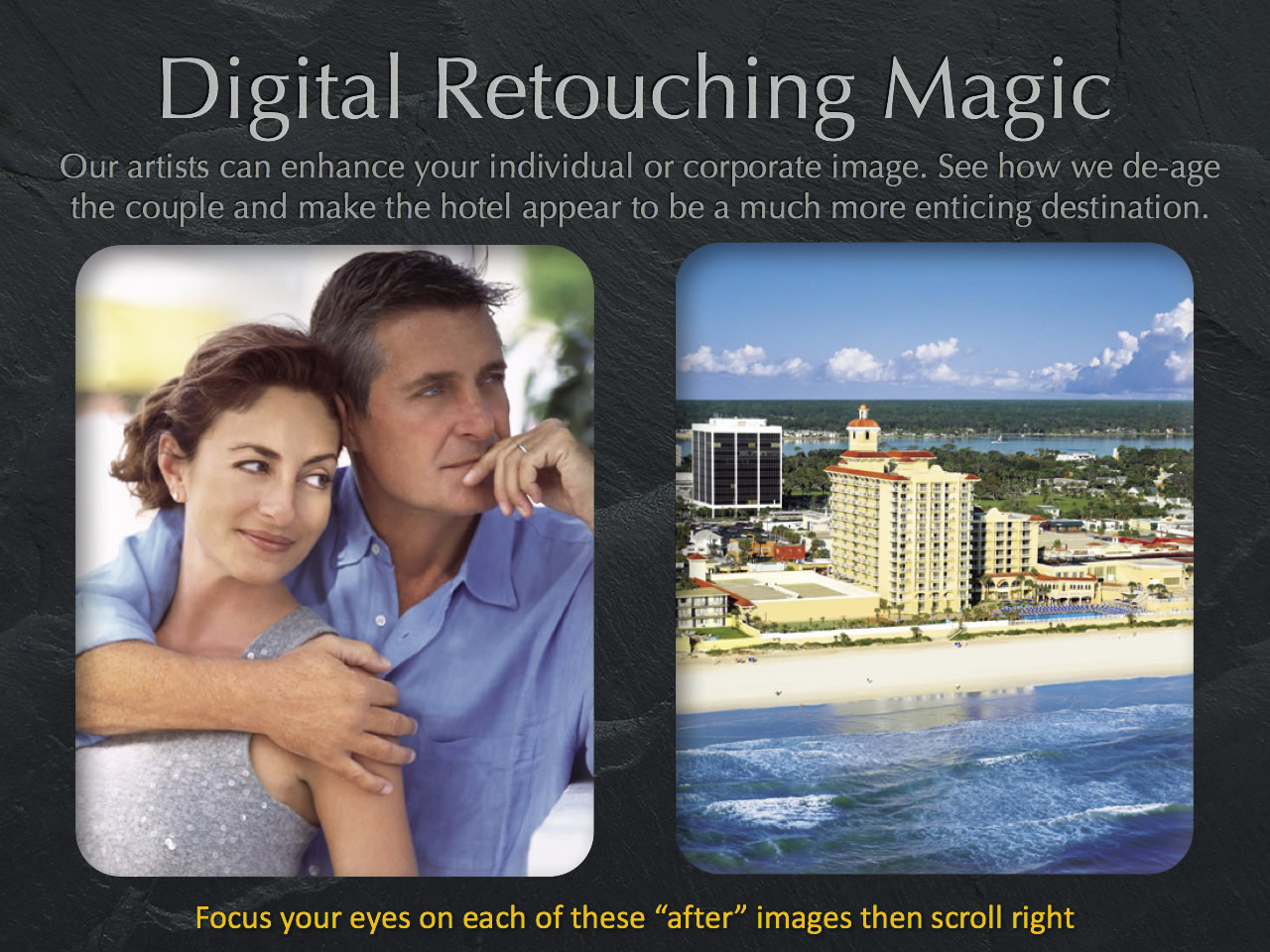 Digital retouch art can de-age people or alter the details of images to better present them