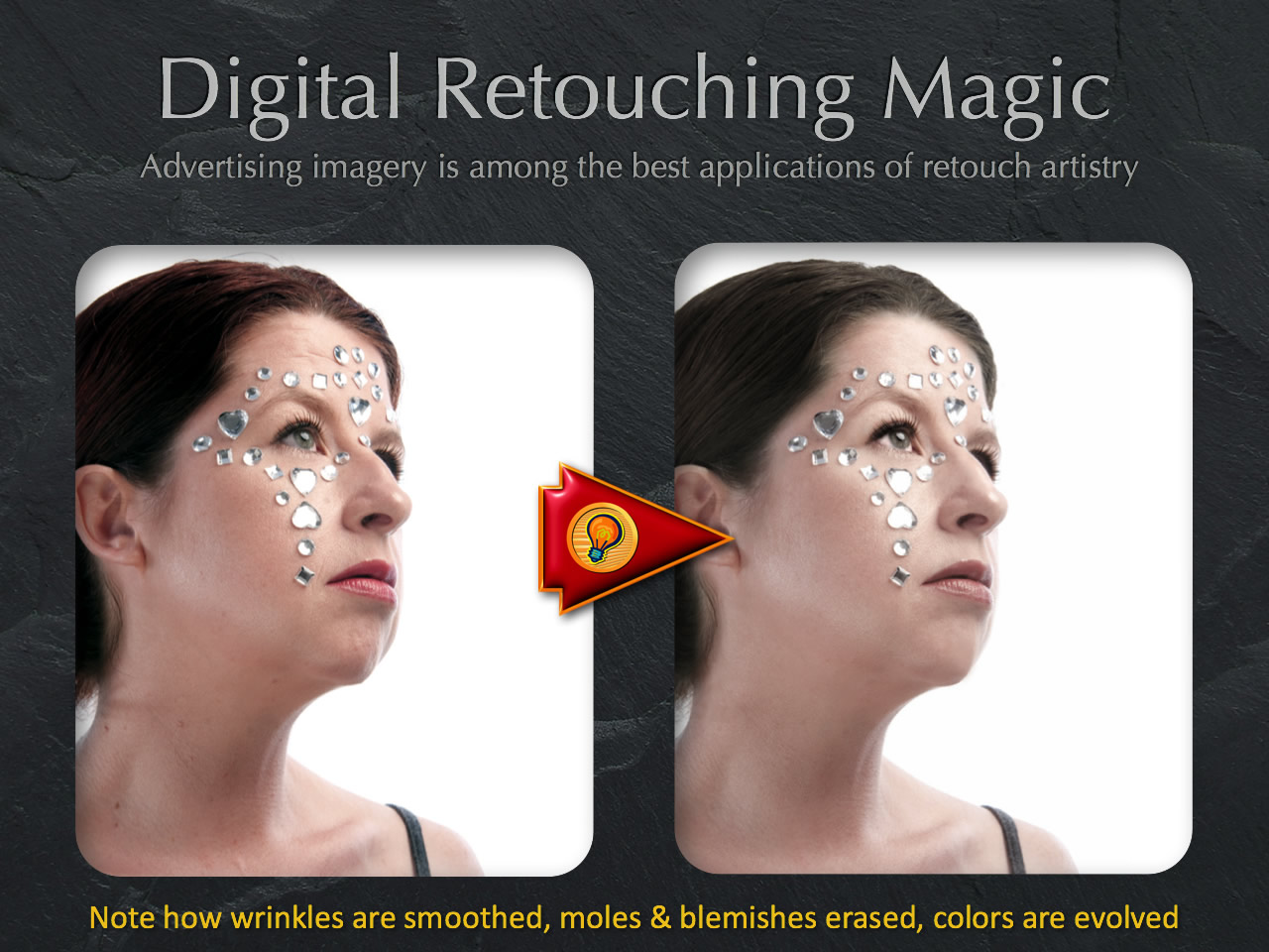 Graphic design details: wrinkle reduction, mole and blemish removal, better coloration